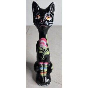 Hand Painted Kitty Kat - Ceramic - 6.5" tall - Black w/ floral notes